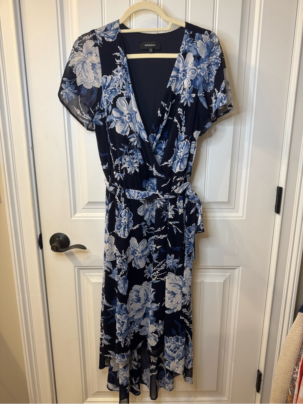 R&M Richards Navy and Light Blue Floral High-Low Wrap Dress Medium